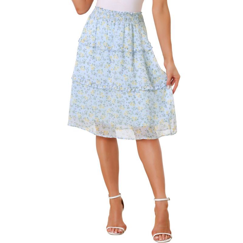 アレグラ ケー レディース ボトムスカート フリル裾 シフォン フラワー柄 フリル ミディ フラワー ALLEGRA K Womens Floral Chiffon Elastic Waist Lay