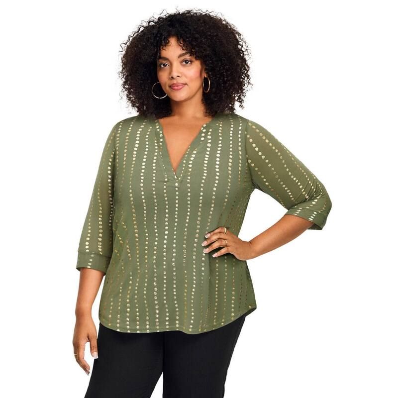 アベニュー レディース トップス Tシャツ プラスサイズ Avenue Womens Plusize SplitNeck Foil Top Olive Stripe Dot オリーブ 19,786円