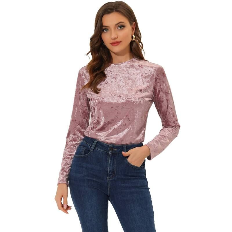 アレグラ ケー レディース トップス シャツ ベルベット ALLEGRA K Womens Velvetops Round Neck Long Sleeve Casual TShirt Pink ピン