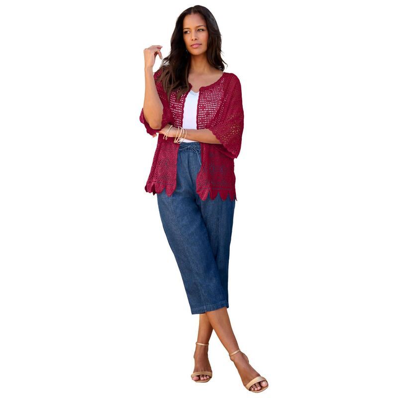 ロアマンズ レディース アウター ニット・セーター プラスサイズ カーディガン Roamans Womens Plusize Scallop Trim Crochet Cardigan Rich Bu
