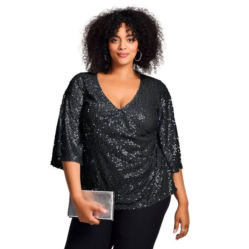 アベニュー レディース トップス Tシャツ プラスサイズ スパンコール Avenue Womens Plusize Faux Wrap Sequin Top Black Sequin ブラック
