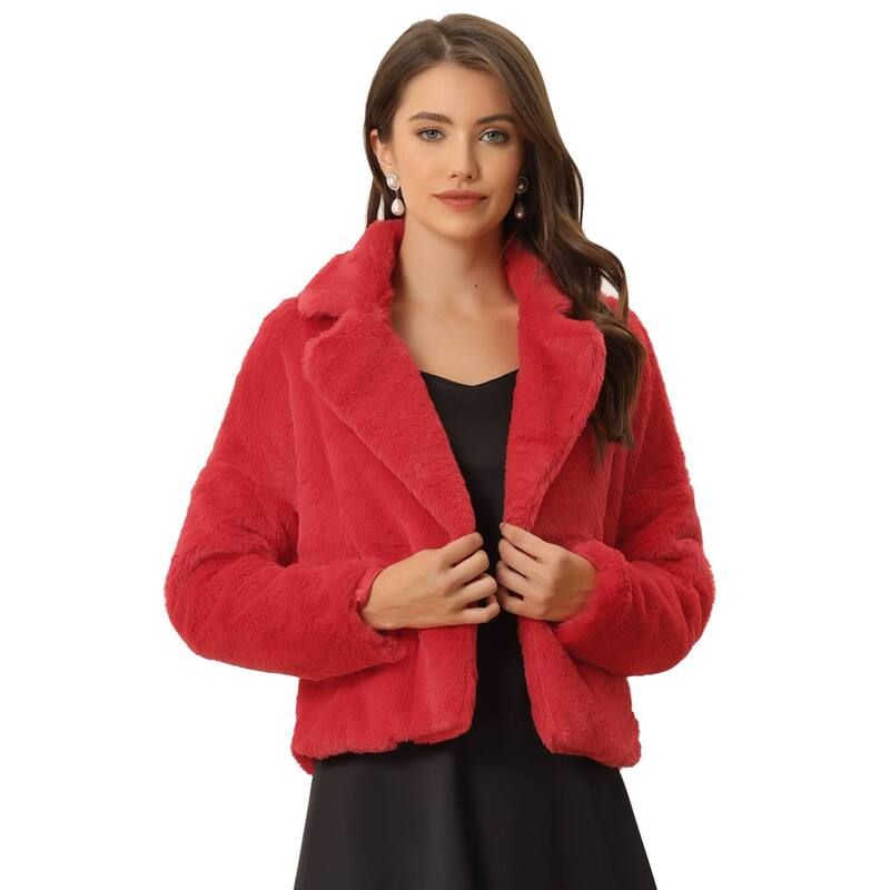 アレグラ ケー レディース アウター ジャケット・ブルゾン コート クロップド ALLEGRA K Womens Cropped Jacket Notch Lapel Faux Fur Fluffy