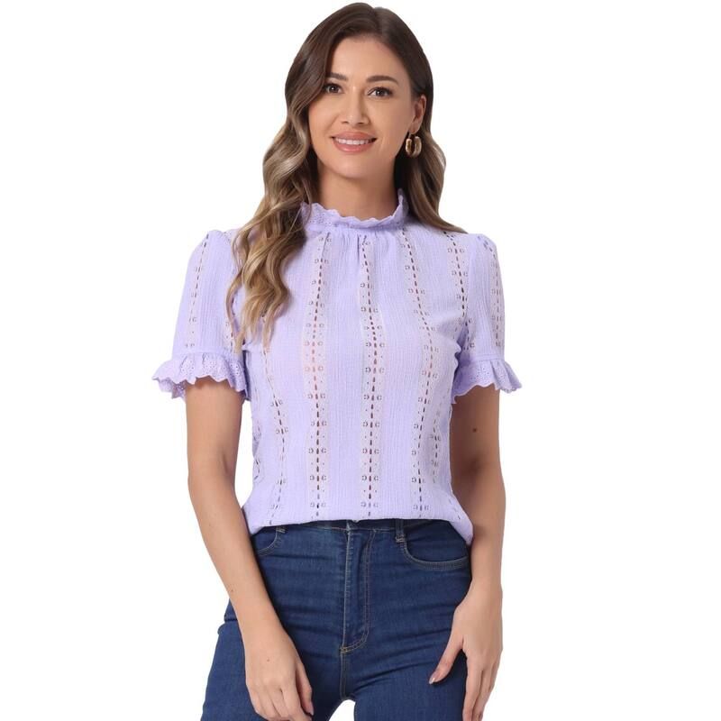 アレグラ ケー レディース トップス シャツ モックネック フリル ブラウス ALLEGRA K Crochet Eyeletop For Womens Mock Neck Puffy Sleeve