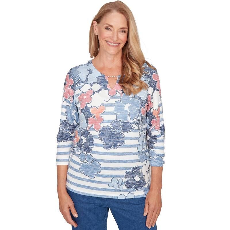 アルフレッド ダナー レディース トップス Tシャツ フラワー柄 プチ ニット フラワー Petite Alfredunner Stripe Floral Split Necknitop Blue M