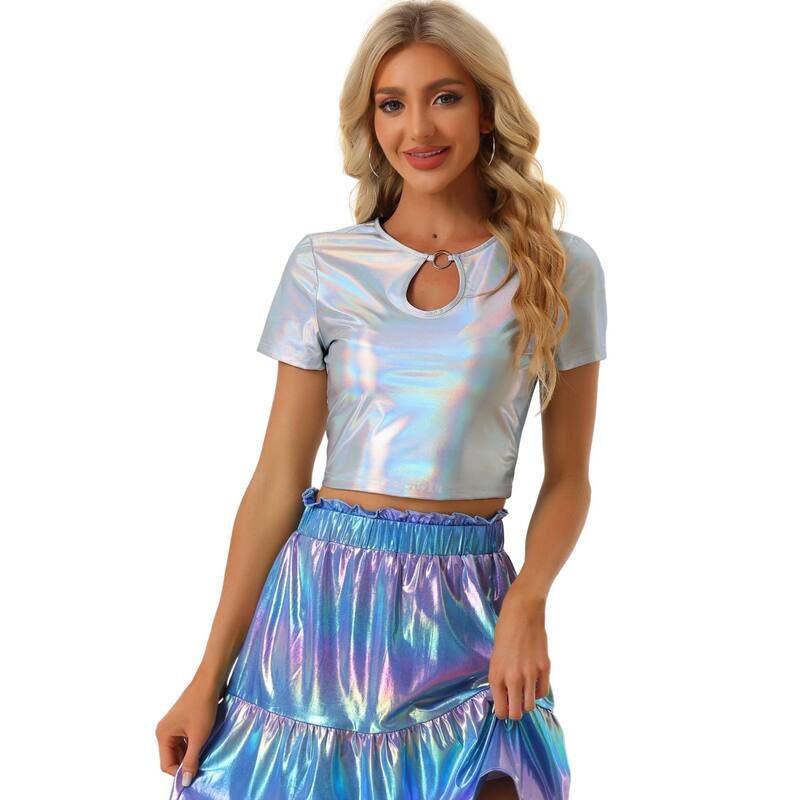 アレグラ ケー レディース トップス シャツ トール グラフィック ALLEGRA K Metallicrop Tops For Women s Keyhole Short Sleeve Party