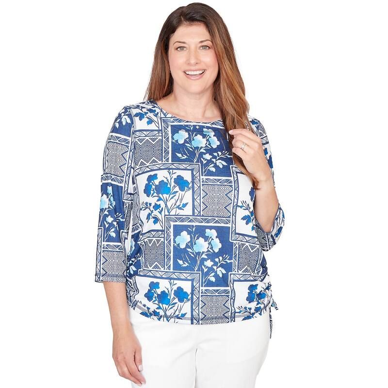 アルフレッド ダナー レディース トップス シャツ フラワー柄 ギャザー フラワー Womens Alfredunner Framed Floral Ruched Side Tie Top Blue