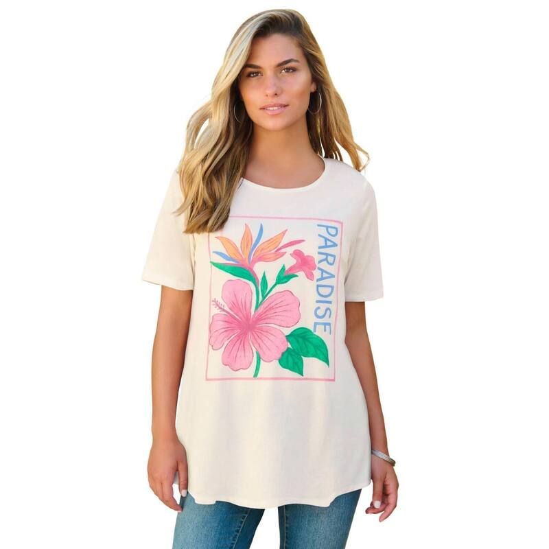 ロアマンズ レディース トップス Tシャツ プラスサイズ グラフィック Roamans Womens Plusize Travel Graphic Tee White Hibiscus ホワイト