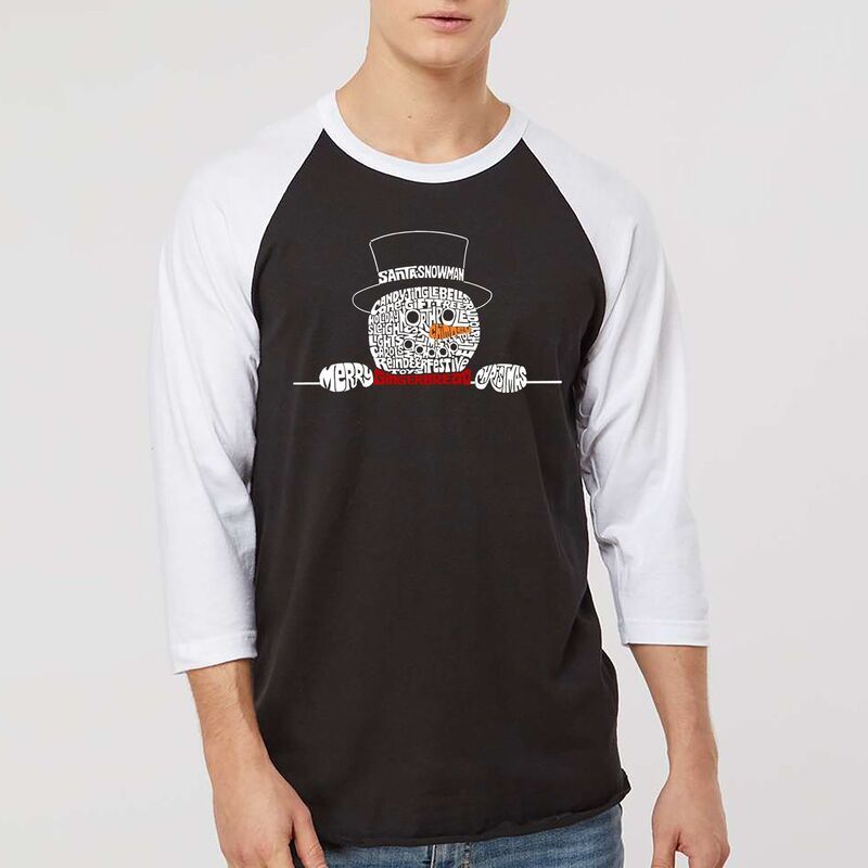 エルエーポップアート レディース トップス Tシャツ LA Pop Art Peeking Snowman Mens Raglan Baseball Word ArtShirt Black White