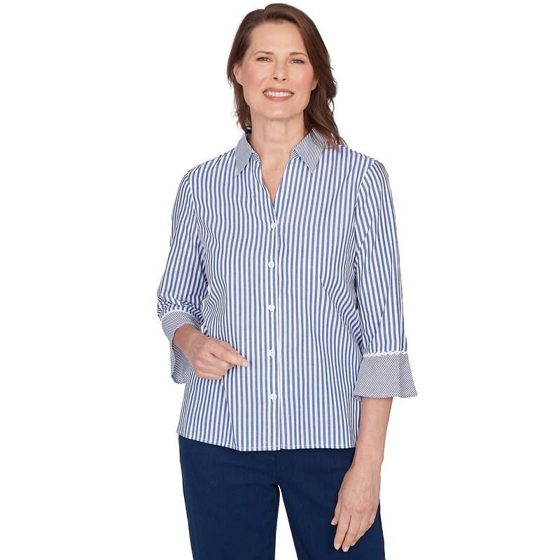 アルフレッド ダナー レディース トップス シャツ レーストリム レース Womens Alfredunner Mixed Stripe Button Front Lace Trim Top Blue