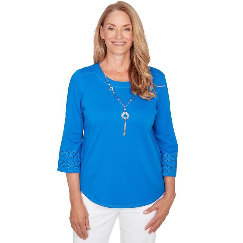 アルフレッド ダナー レディース トップス シャツ プチ レース Petite Alfredunner Eyelet Sleeve Solid Top with Necklace Royal Blue