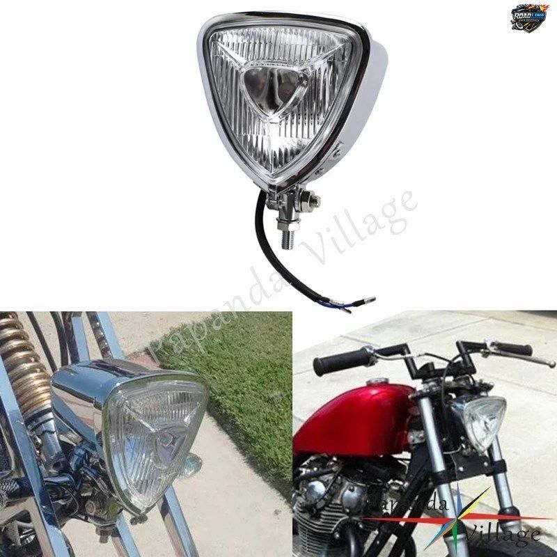 H4 12V アンバー モーターサイクル クローム レトロ トライアングル ヘッドライト ユニバーサル ハーレー XL883 XL1200 ストリートボブ フ