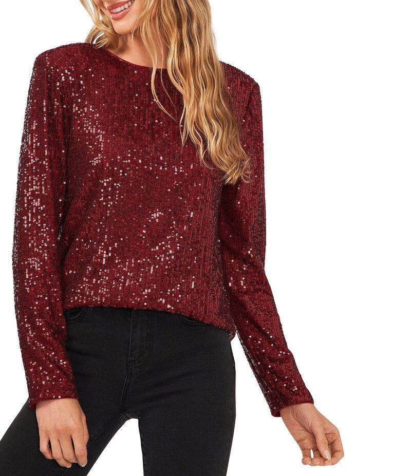 セセ レディース トップス シャツ スパンコール ブラウス CeCe Sequin Round Neck Long Sleeve Blouse Dark Wine ワイン