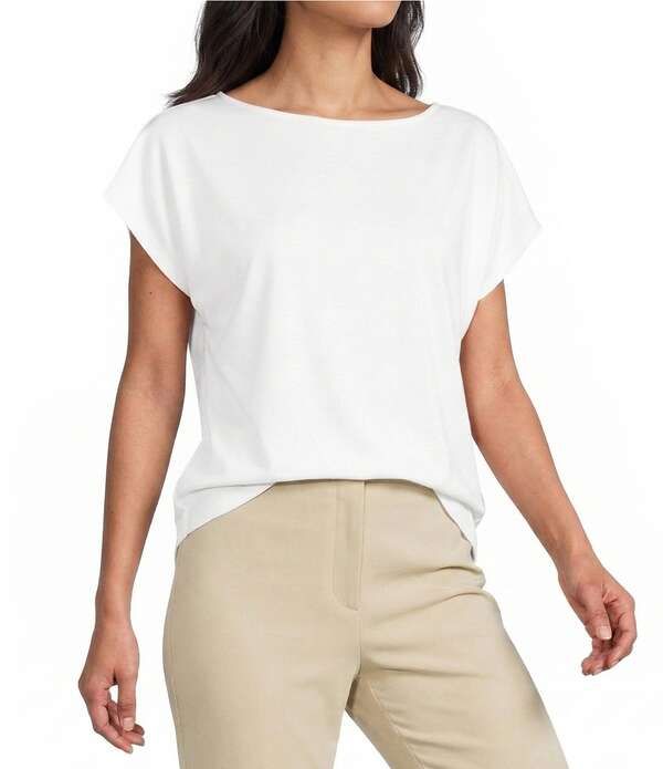 インベストメンツ レディース トップス Tシャツ プチ キャップ ニット Investments Petite Size Cap Sleeve Boat Neck Rory Knitee White