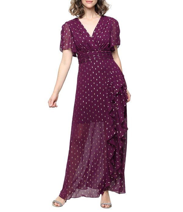 イグナイト レディース トップス ワンピース Vネック A ライン プチ プリント フリル キャップ ケープ Ignitevenings Petite Size Foil Print Surplice