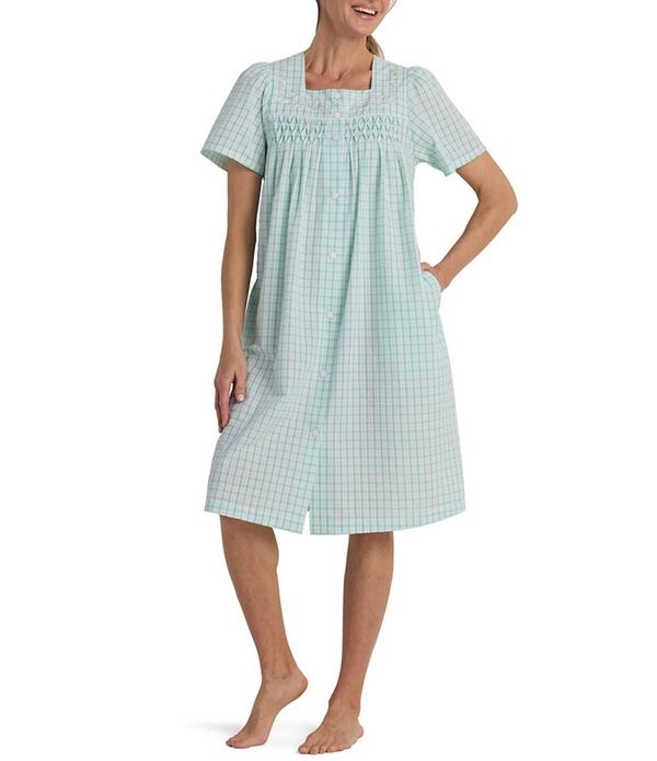 ミス エレーン レディース アンダーウェア ナイトウェア プリント Miss Elaine Seersucker Check Print Short Sleeve Square Neck Short