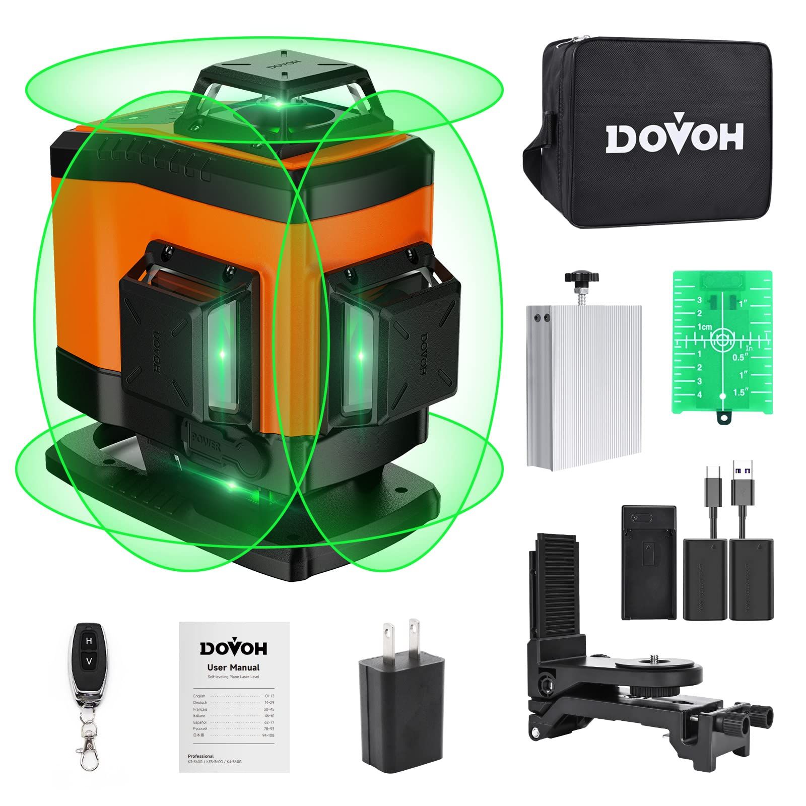 R◆DOVOH グリーンレーザー墨出し器 4x360° 16ライン レーザー墨出し器 レベル 自動補正 高輝度 2本垂直ラインと2本水平 バッテリー2個付きType-C充電可能 受光器対応 K4-360G 7b6ee8af