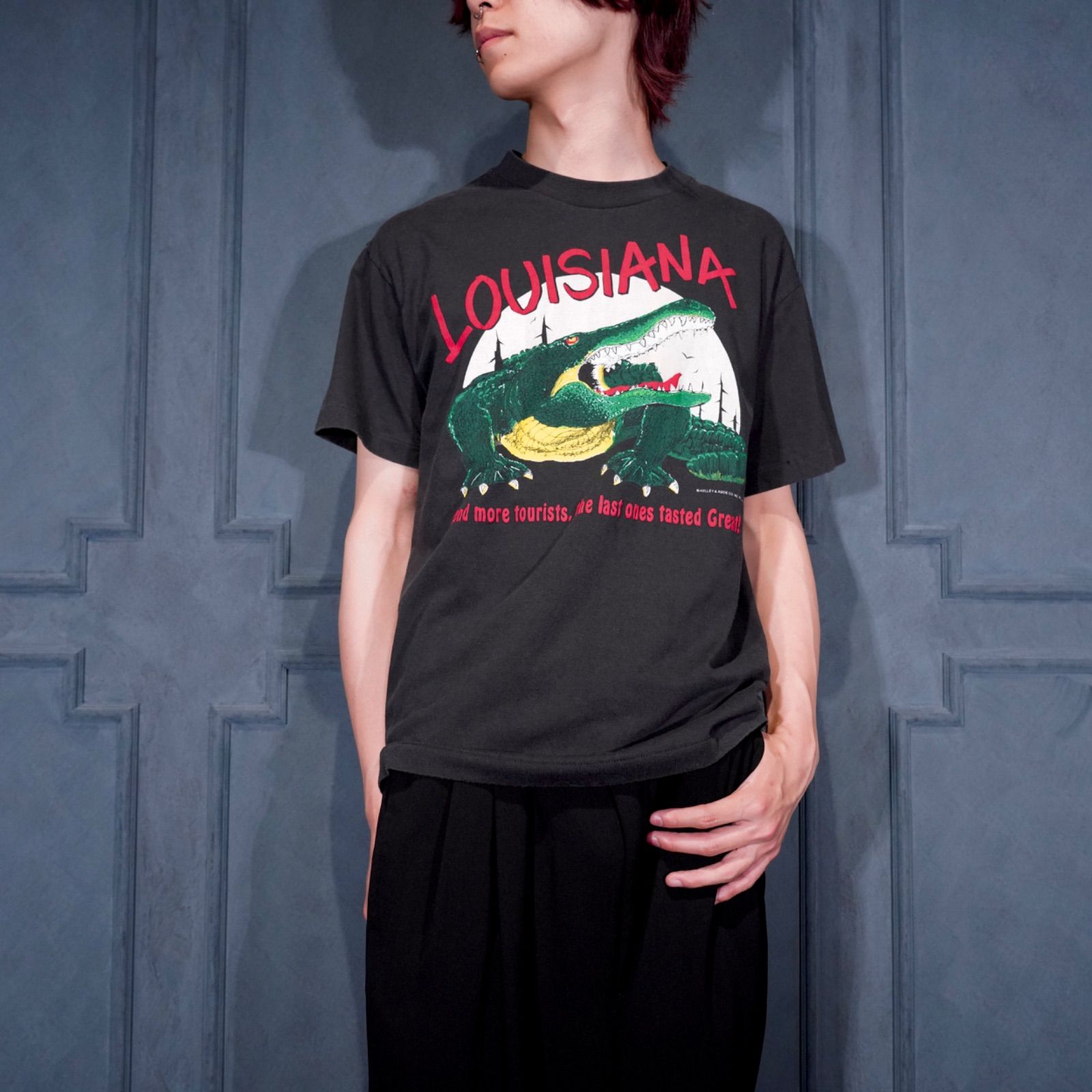 90's USA VINTAGE Hanes HEAVYWEIGHT LOUISIANA CROCODILE PRINT DESIGN T SHIRT/90年代アメリカ古着クロコダイルプリントデザインTシャツ