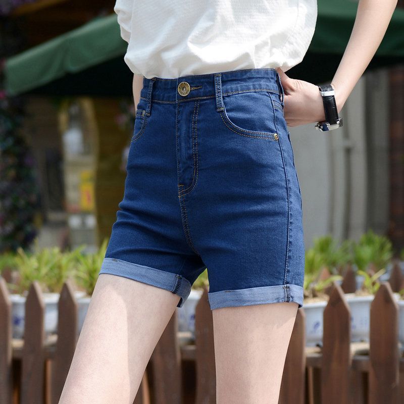 美脚効果ハイウエストデニムショートパンツ ロールアップ ストレッチ 伸縮素材