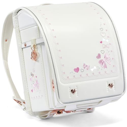 【新品】ランドセル 女の子 小学生 通学カバン 高級人工皮革パール生地 ワンタッチロック ハート＆蝶結び刺繍 白 ホワイト b9663ab1