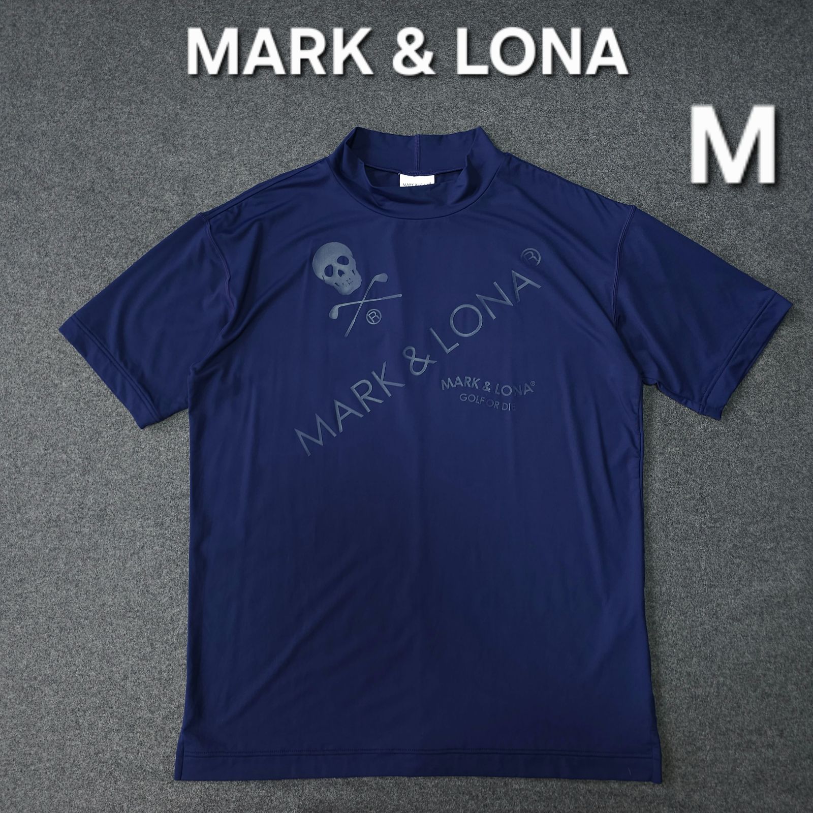 【?値下げ交渉受付中】極美品 MARK&LONA 近年モデル モックネックシャツ 半袖ゴルフポロシャツ 46 M ネイビー ストレッチ素材 速乾 スカルロゴ マークアンドロナ