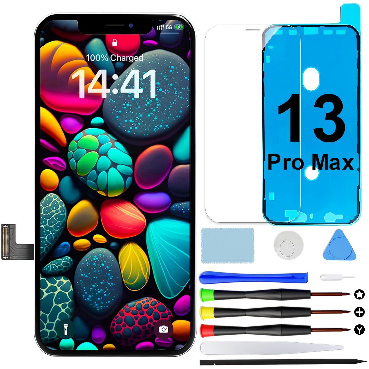 GOLDWANGWANG For iPhone 13 Pro Max 液晶パネル LCDディスプレイ 6.7インチ デジタイザー一体型 修理ツール・強化ガラスフィルム・防水シール付属 3Dタッチ対応 A2484 / A2641 / A2644 / A2645