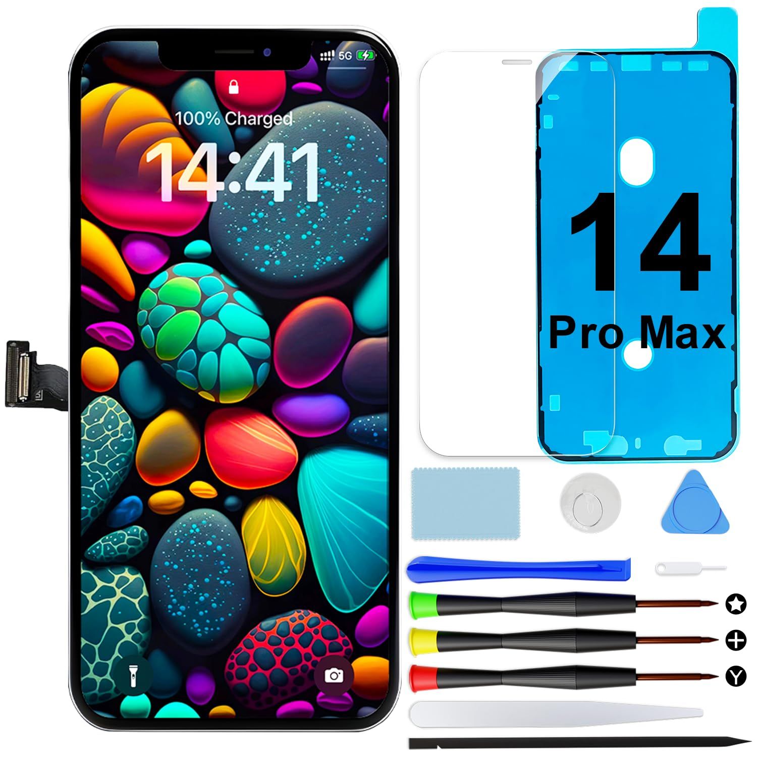 GOLDWANGWANG For iPhone 14 Pro Max 液晶パネル LCDディスプレイ 6.7インチ デジタイザー一体型 修理ツール・強化ガラスフィルム・防水シール付属 3Dタッチ対応 A2651 / A2893 / A2896 / A2895