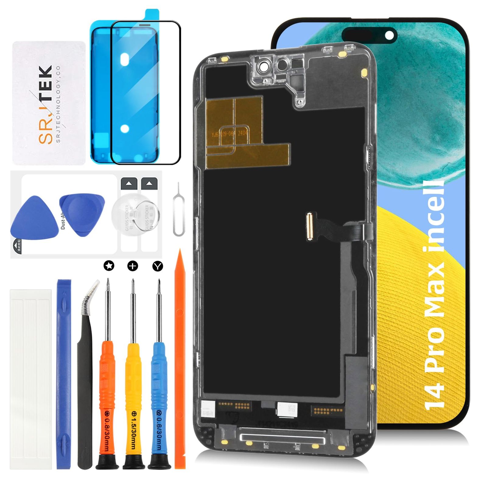 SRJTEK For iPhone 14 Pro Max incell 液晶パネル 画面交換修理用【同様のノッチサイズ+センサー・ケーブル付き】タッチパネルセット 6.7インチ A2894, A2651, A2893, A2895モデルに対応 LCDディスプレ