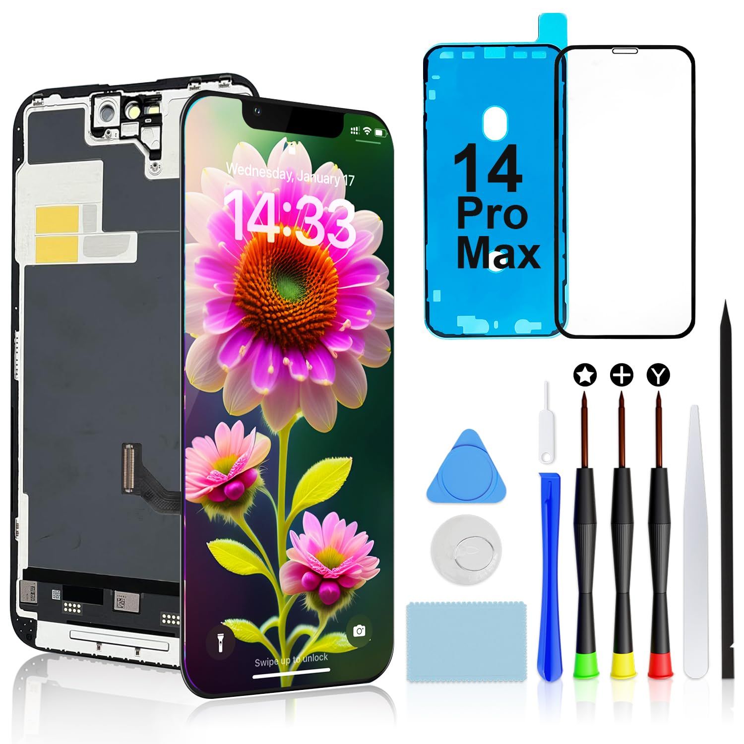 Brinonac 液晶パネル For iPhone 14 Pro Maxの互換性 画面交換 キット - 6.7インチ 修理キット フロントガラス 工具付属