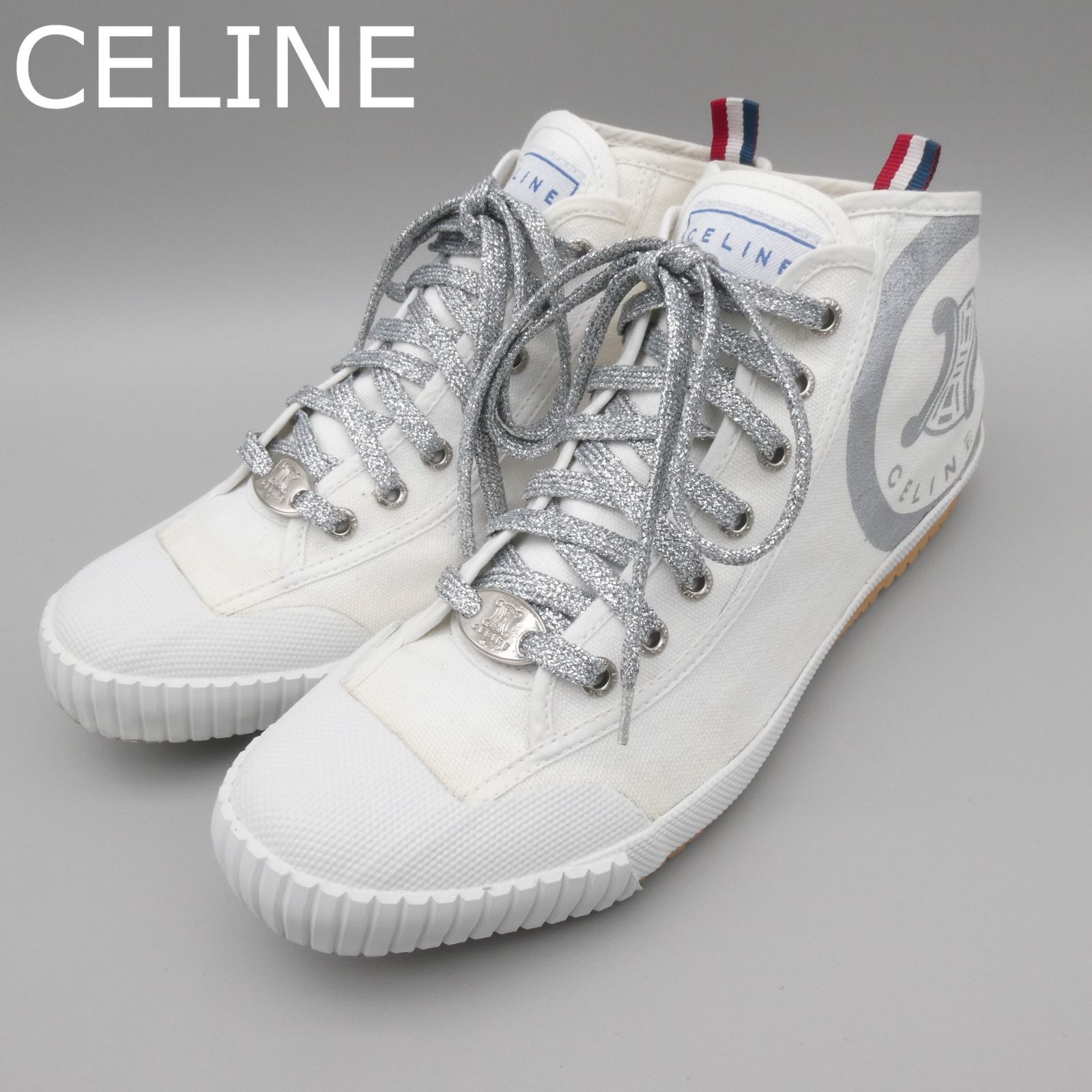 CELINE セリーヌ トリオンフ プリント ハイカット スニーカー ラメ レースアップ プレートロゴ キャンバス ホワイト サイズ38 約25cm レディース
