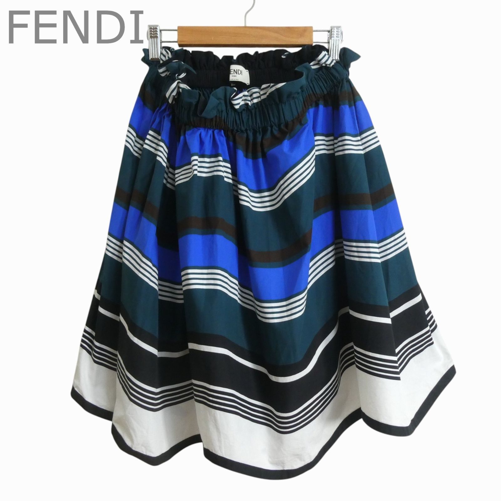 美品 FENDI フェンディ マルチボーダー柄 フレアスカート イージースカート 膝丈 ギャザー ウエストゴム コットン マルチカラー サイズ40 レディース