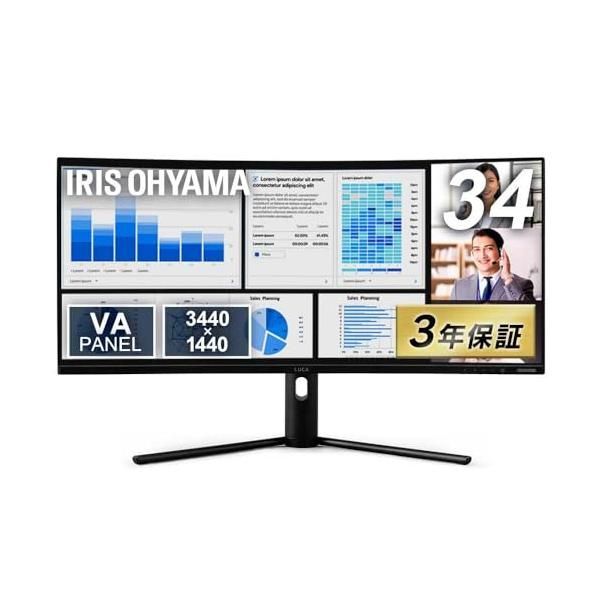 【中古】アイリスオーヤマ モニター 34インチ 曲面 HDMIx2 DPx1 UWQHD 3440×1440 144Hz 6ms 非光沢 フレームレス フリッ