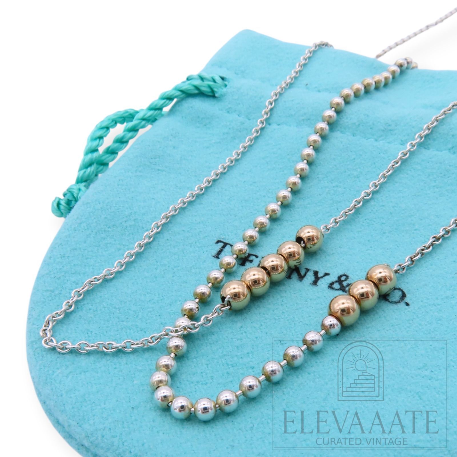 希少 美品 Tiffany&Co. ティファニー ミックス ビーズ ゴールド シルバー コンビ ロング ネックレス チェーン AG925 750 K18 EX078