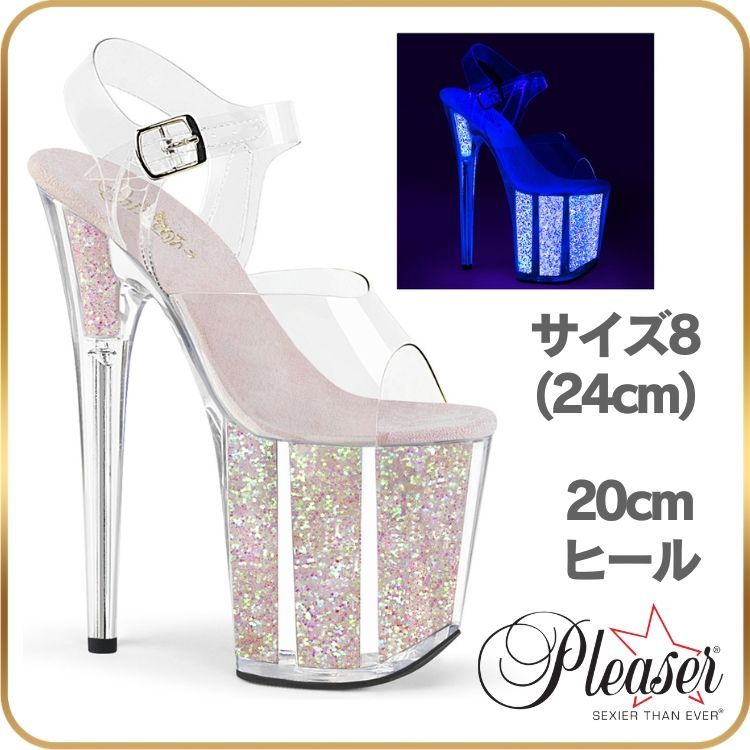 24 cm プリーザー サンダル 20cm ヒール クリア ネオン オパール グリッター 蛍光色 キラキラ オープントゥ ピンヒール ハイヒール クリアヒール 厚底 ポールダンス レディース メンズ 20cmヒール 20センチ ヒール フラミンゴ