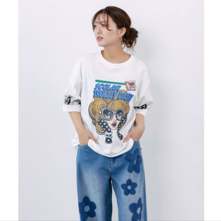 Scolar フラワー柄 ブリーチ加工デニムパンツ