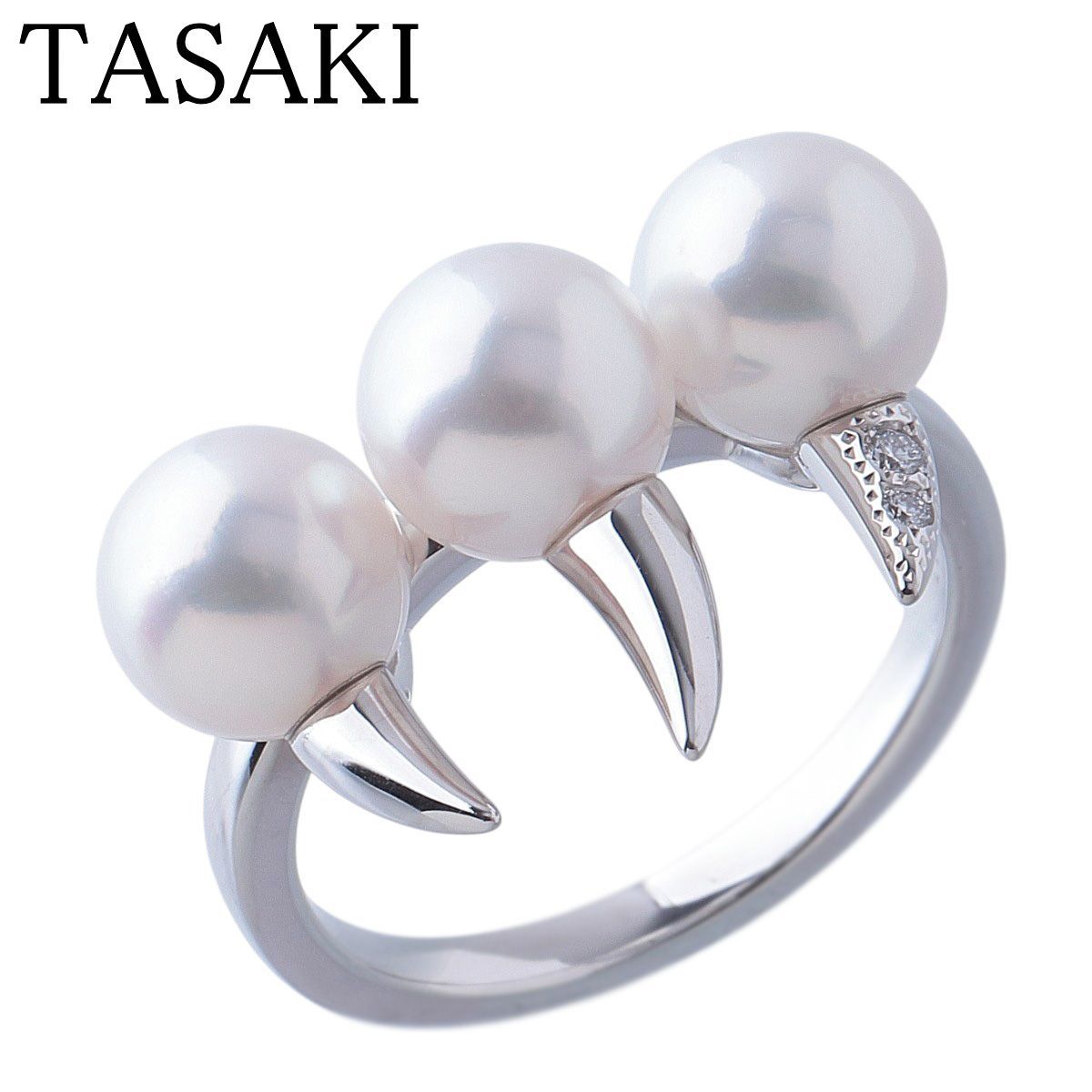 タサキ デインジャー ファング パール ダイヤ リング アコヤパール7.1mm 0.01ct 12号 750WG 保証書(2024年) 箱 新品仕上げ済 TASAKI 田崎真珠【26232】
