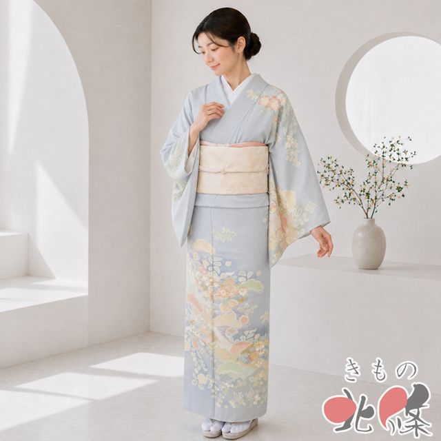 訪問着 着物 未使用 正絹 袷 金駒刺繍 花の図 暈し 青磁鼠色 黄系色 多色 金 身丈166.5cm 裄69cm L トール きもの北條 A1375-7