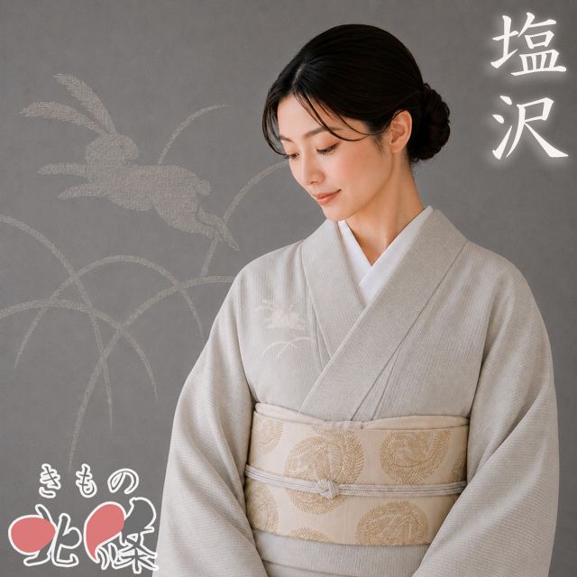 塩沢 お召し 御召 着物 中古 袷 正絹 カジュアル 縦縞模様 芝草に兎の図 ベージュ色 黒色 身丈151cm 裄61cm SA きもの北條 A1375-3
