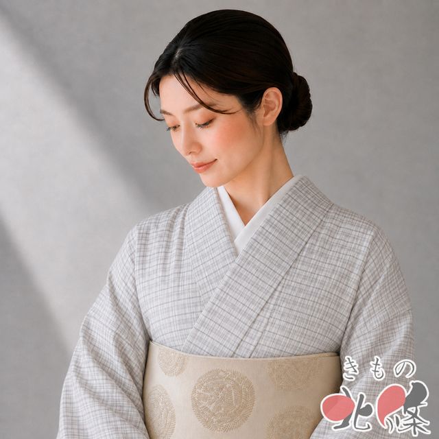 紬地 着物 未使用 正絹 袷 カジュアル 格子模様 オフホワイト グレー系色 身丈156cm 裄62.5cm M きもの北條 A1375-4