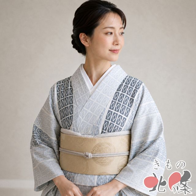 小紋 着物 中古 正絹 袷 カジュアル 天保堂版 菱模様 白色 グレー系色 身丈160cm 裄64.5cm M きもの北條 A1375-1