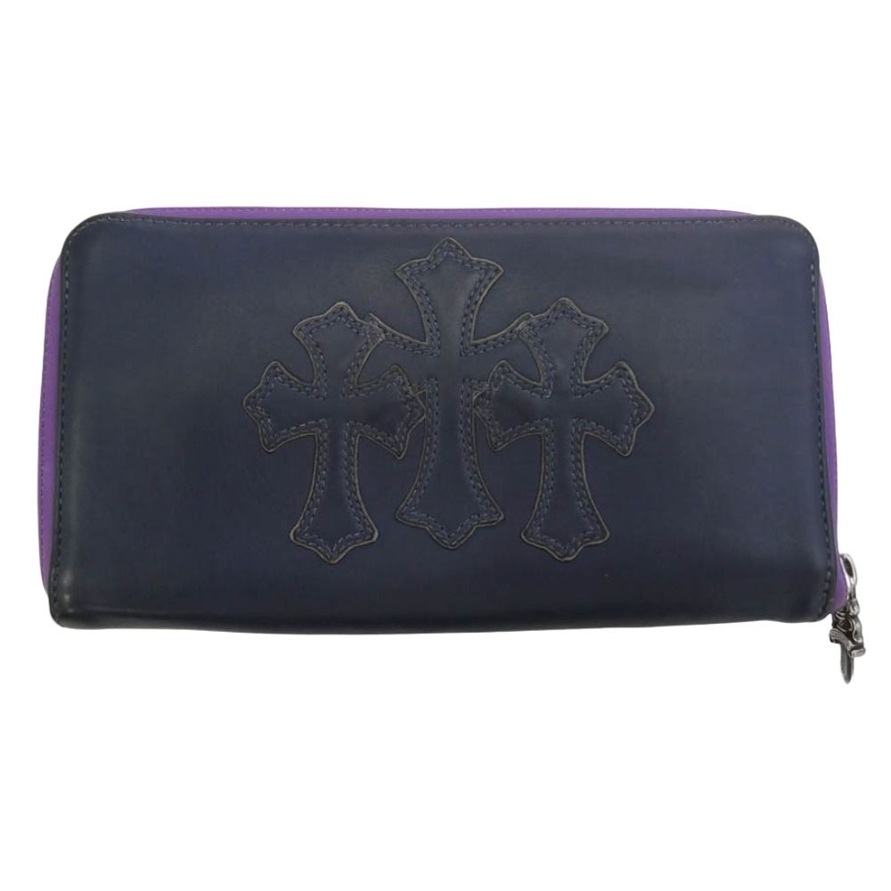 CHROME HEARTS クロムハーツ（原本無） REC ZIP 3PTCH 3セメタリー クロスパッチ ラウンドファスナー 長財布 ネイビー系 パープル系【中古】