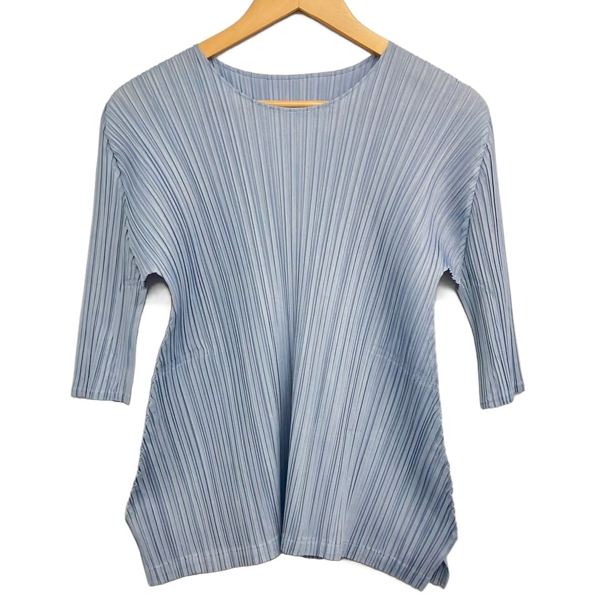 PLEATS PLEASE(プリーツプリーズ) 七分袖カットソー レディース美品 PP23JK282 ライトブルー メロープリーツ