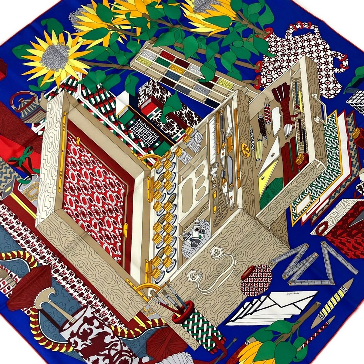 HERMES(エルメス) スカーフ美品 カレ90 ブルー×マルチ LES TRESORS D'UN ARTISTE(ある画家の宝物) シルク
