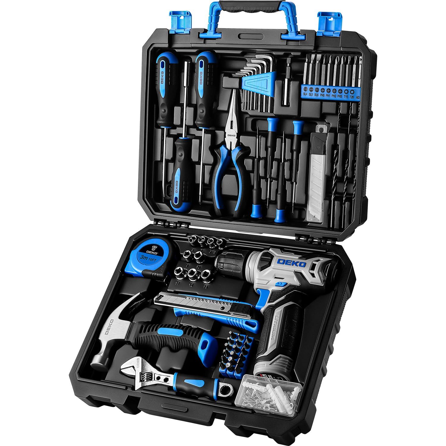 DEKO【8V電動ドリル付き】126点組 工具セット ホームツールセット 家庭用 ツールセット 日曜大工 DIYセット 作業工具セット 家具の組み立て 住まいのメンテナンス用 修理道具セット 便利な収納ケース付き ブルーma 68b3e15c