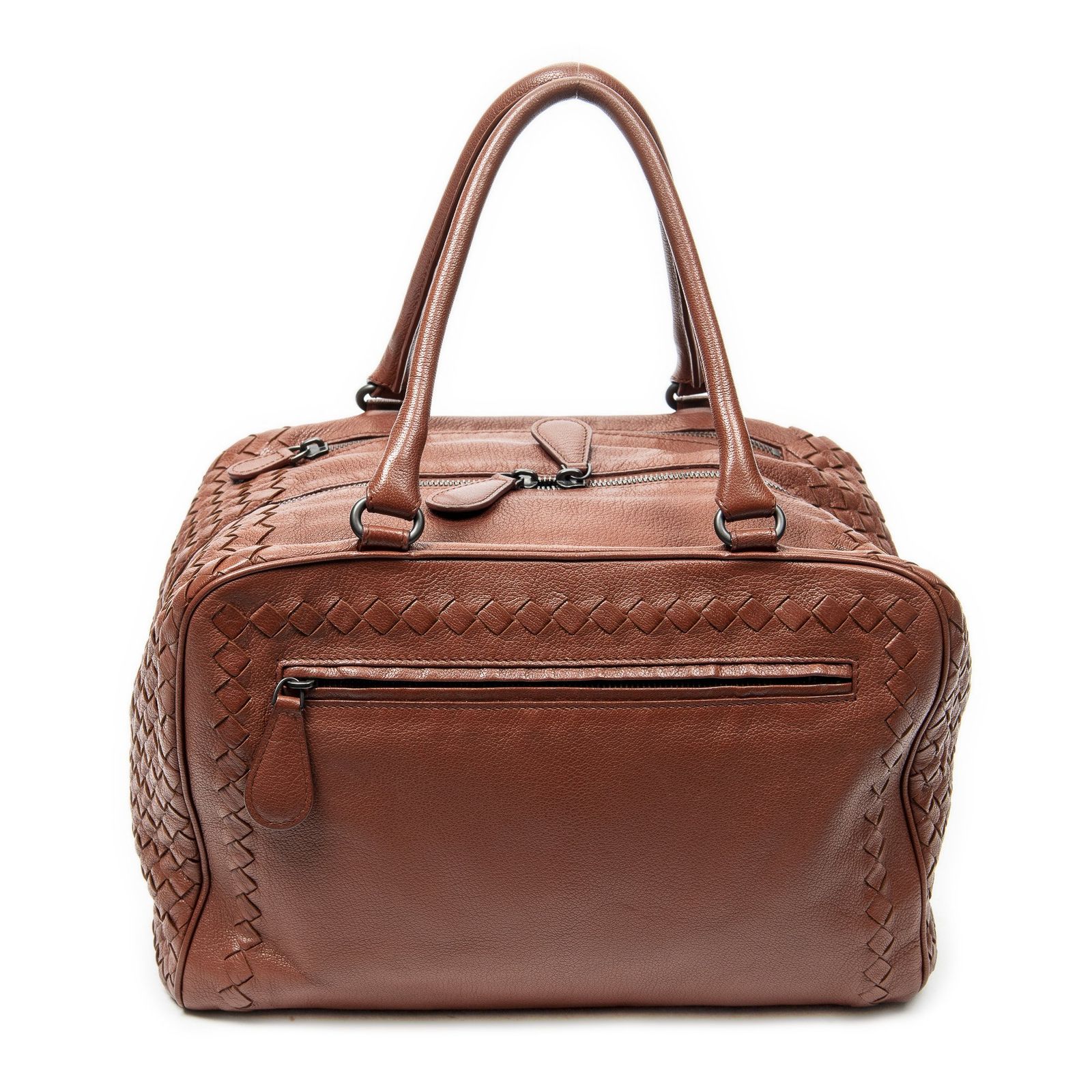 [中古] BOTTEGA VENETA ボッテガヴェネタブレラ茶色トリムイントレチャートレザーA