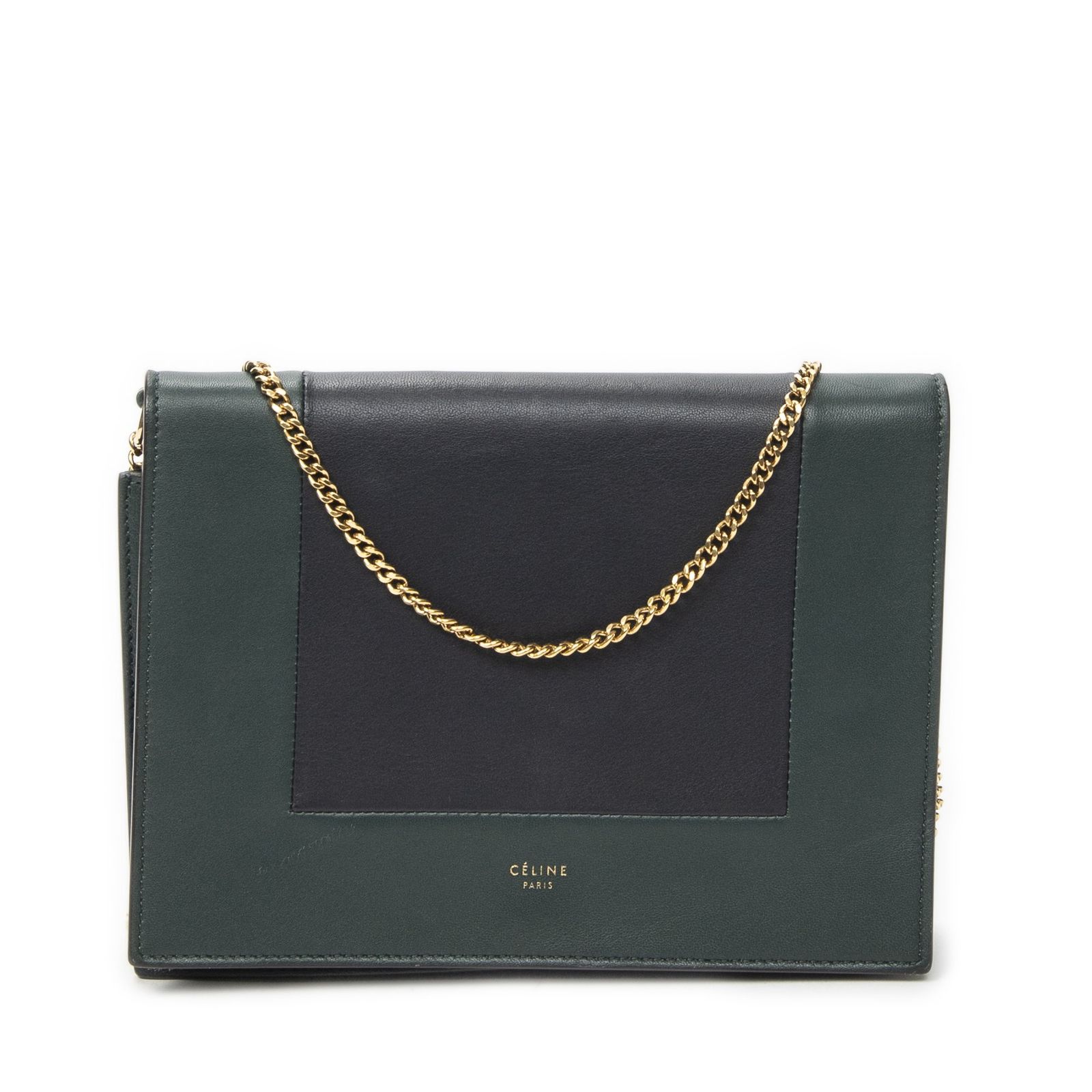 [中古] CELINE セリーヌフレーム イブニング チェーン クラッチ緑カーフスキンレザーA