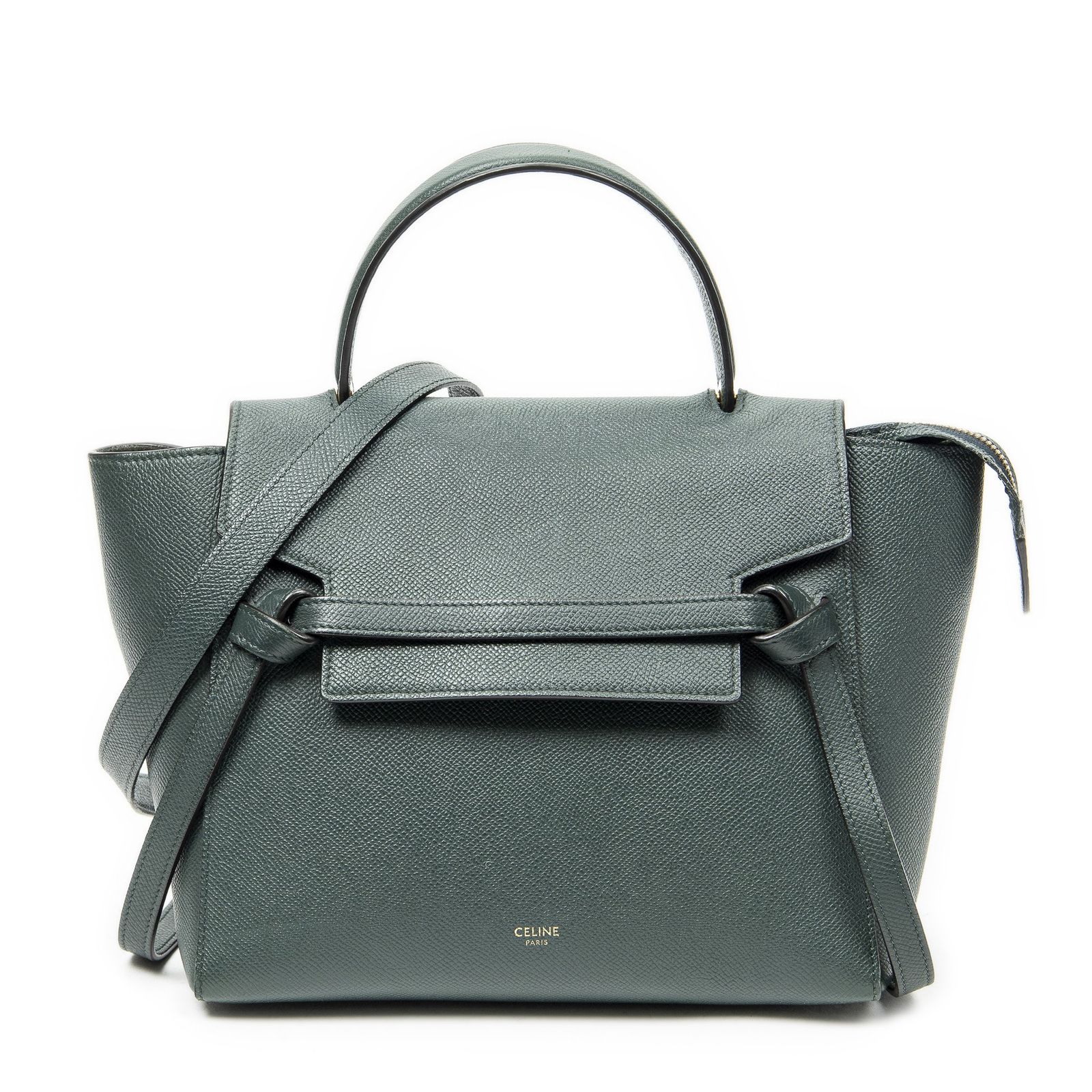 [中古] CELINE セリーヌマイクロベルトバッグ緑グレインカーフスキンレザーAB
