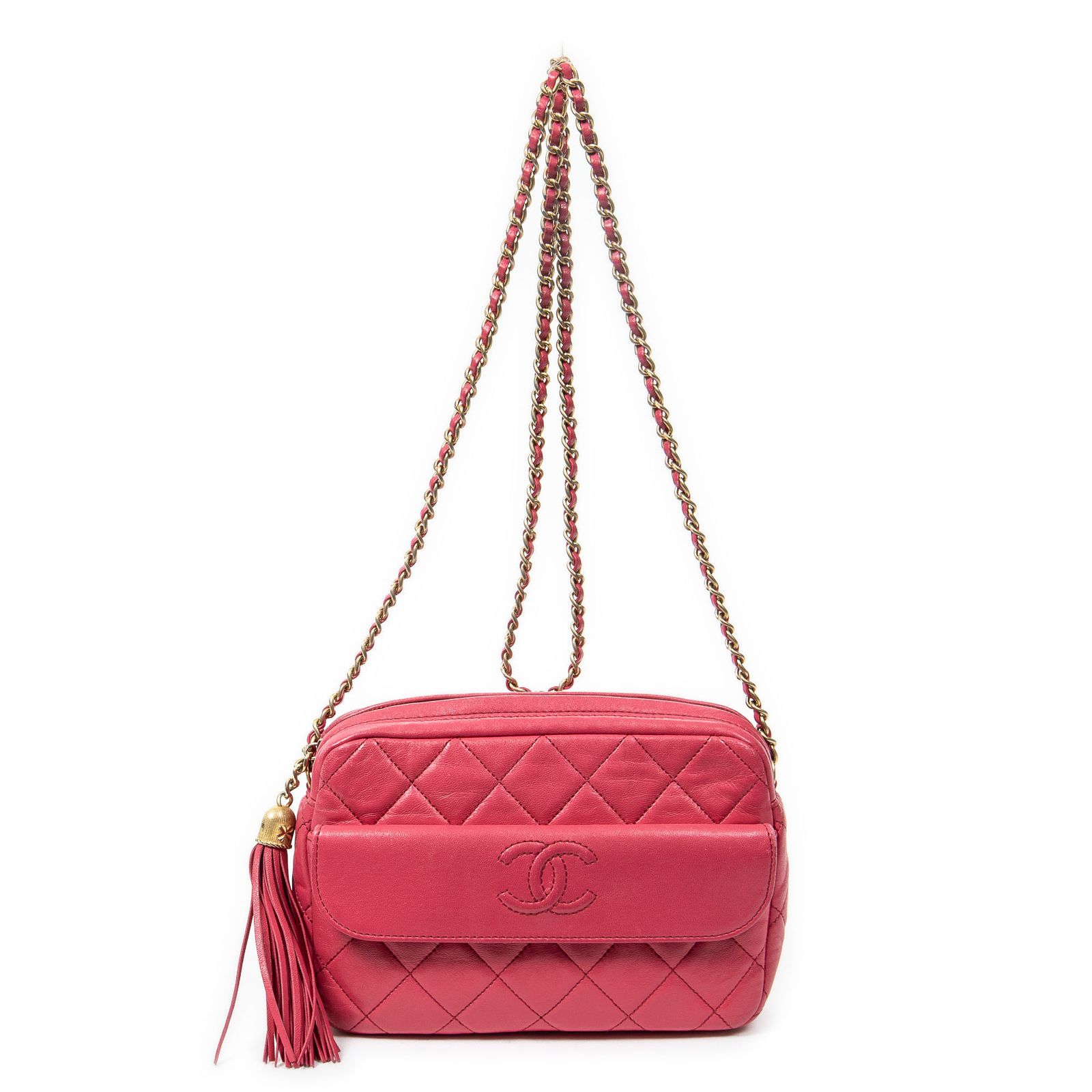 [中古] CHANEL シャネルココマーク フリンジ チェーンショルダーフューシャピンクマトラッセラムスキンレザーA