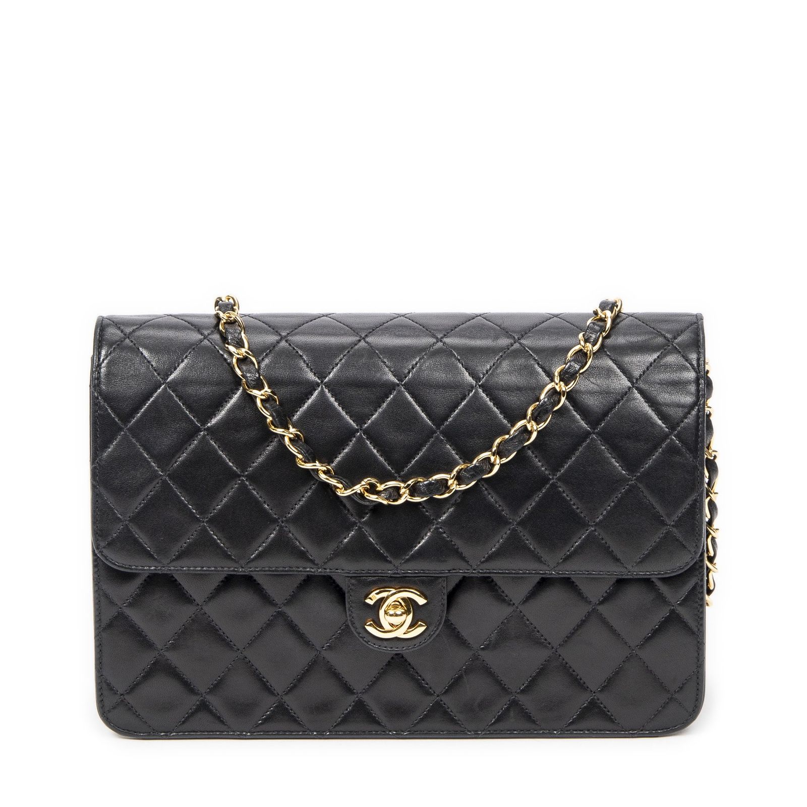 [中古] CHANEL シャネルヴィンテージプッシュロックストレートフラップ黒マトラッセラムスキンレザーA