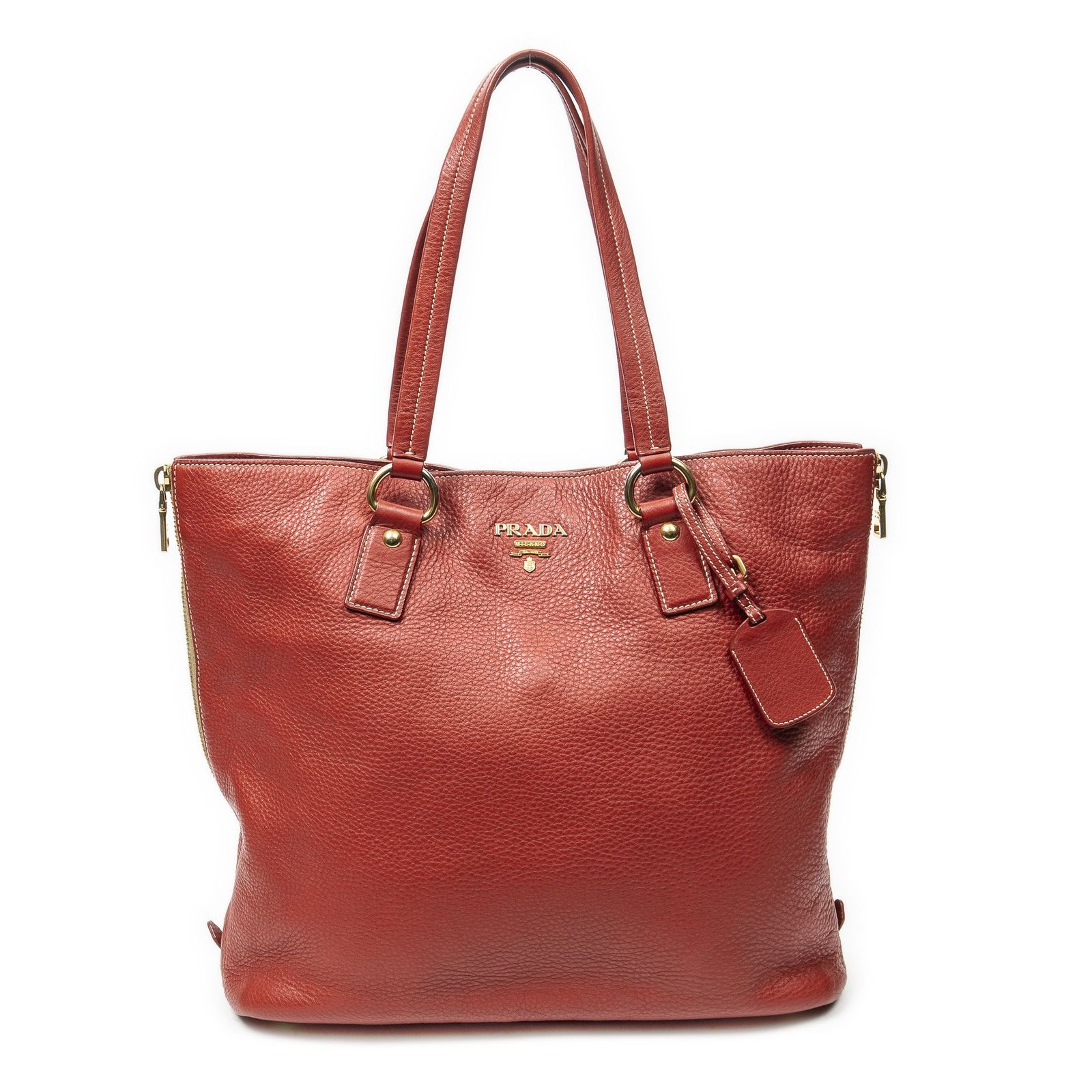 [中古] PRADA プラダラージジップトート赤ヴィテロ ダイノA