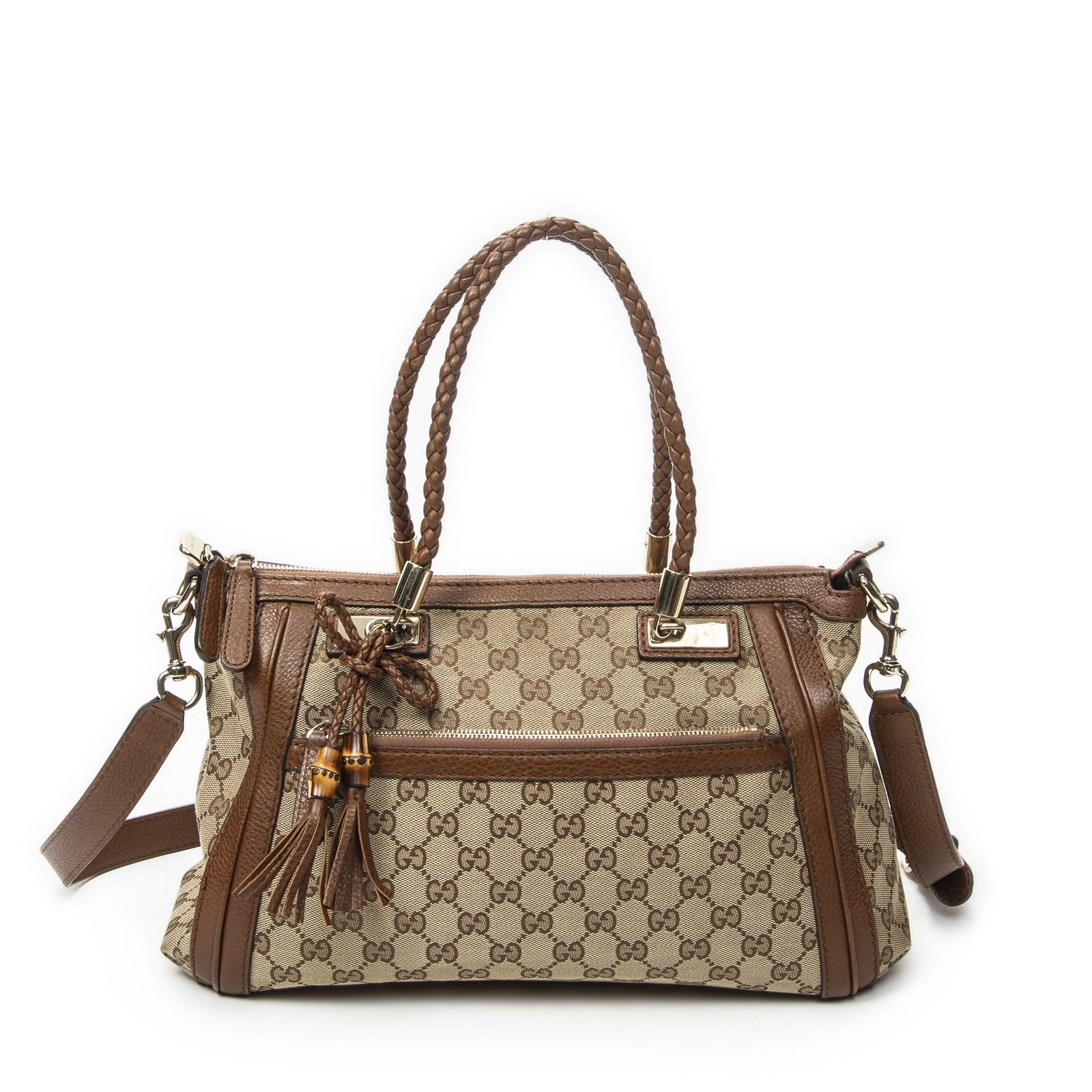 [中古] GUCCI グッチバンブー タッセル ジップ トートベージュGGキャンバスA